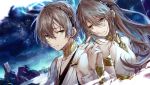  1boy 1girl adele_(fate) bare_shoulders brown_hair crying crying_with_eyes_open csyko fate/grand_order fate_(series) green_eyes holding_hands long_hair makarios_(fate) night night_sky siblings sky smile tears twins 