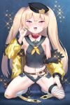  +_+ 1girl absurdres anchor azur_lane bache_(azur_lane) bandaid bandaid_on_knee bare_shoulders black_headwear blonde_hair breasts chain clothes_writing collar collarbone eyebrows_visible_through_hair fishnet_legwear fishnets fur-trimmed_jacket fur_trim furrowed_eyebrows groin hand_up hat highres jacket long_hair loose_socks micro_shorts navel neckerchief off-shoulder_jacket ok_sign open_clothes open_fly open_jacket pink_collar purple_eyes sailor_collar shorts single_thighhigh sleeveless small_breasts socks solo thighhighs two_side_up unizou very_long_hair white_legwear yellow_jacket yellow_neckwear 