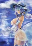  1girl azur_lane backless_dress backless_outfit blue_eyes blue_sky blush breasts closed_mouth cloud cloudy_sky covered_nipples cowboy_shot day detached_collar dress dress_lift eyebrows_visible_through_hair eyelashes hair_ribbon hat illustrious_(azur_lane) large_breasts long_hair looking_at_viewer no_panties outdoors ponytail profile pubic_hair ribbon see-through sidelocks silver_hair sky smile solo sun_hat thighhighs thighs white_dress white_headwear white_legwear wind yohane 