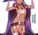  1girl arms_up bandaged_leg bandages belt belt_buckle black_cape black_legwear blush bottomless breasts brown_hair buckle cape collar collarbone commentary dark_skin english_commentary english_text head_out_of_frame highres kono_subarashii_sekai_ni_shukufuku_wo! megumin mismatched_legwear navel oil open_mouth sarashi short_hair_with_long_locks sidelocks single_thighhigh skindentation small_breasts solo standing stomach sydus thighhighs 
