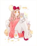  1girl 2020 animal animal_ears animal_on_leg bangs blunt_bangs bow brown_hair chinese_zodiac dated fake_animal_ears flats food_in_mouth grey_legwear hair_bow knees_up leggings legs_together long_hair long_sleeves mouse_ears mouth_hold nail_polish orange_hair original pink_nails red_bow red_footwear red_shirt shirt signature sitting sleeves_past_wrists solo white_background year_of_the_rat yua_(tick-tack) 