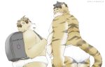  2020 anthro backpack belly blush brown_body brown_fur bulge butt clothing duo felid fur hi_res kemono male mammal moobs moujya overweight overweight_male pantherine simple_background tiger underwear ursid young 