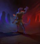  4_toes 5_fingers amarian blue_glow bottomwear claws clothing dark dark_background draselth fingers green_clothing hi_res kobold lizard_tail male medallion orange_eyes outside protruding_teeth purple_body purple_scales red_glow rock scales shorts toe_claws toes unobtrusive_watermark 