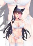  1girl animal_ears artist_name atago_(azur_lane) azur_lane banglinh1997 bare_shoulders black_hair bra breasts cellphone cleavage collarbone commission contrapposto cowboy_shot eyebrows_visible_through_hair floral_print garter_belt garter_straps hair_between_eyes hair_ribbon highres lace lace-trimmed_bra lace-trimmed_legwear lace-trimmed_panties lace_bra lace_panties large_breasts lips long_hair looking_at_viewer midriff navel panties parted_lips phone ribbon skindentation smartphone smile solo thigh_gap thighhighs thighs underwear underwear_only white_bra white_legwear white_panties yellow_eyes zoom_layer 