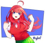  1girl bangs blue_eyes breasts collared_shirt eyebrows_behind_hair go-toubun_no_hanayome hair_ornament hand_up haruba_negi highres image_sample large_breasts long_hair looking_at_viewer nakano_itsuki official_art partially_unbuttoned red_hair red_sweater shirt short_sleeves sidelocks simple_background solo star star_hair_ornament sweater sweater_vest tongue twitter_sample upper_body white_shirt 