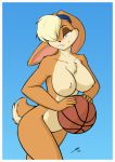  ball basketball_(ball) big_breasts blonde_hair blue_background blue_eyes border breasts chest_tuft featureless_breasts fur hair hair_over_eye half-closed_eyes lagomorph leporid lola_bunny looney_tunes mammal narrowed_eyes nude one_eye_obstructed rabbit simple_background smile standing starfighter teeth thick_thighs tuft warner_brothers white_border wide_hips 