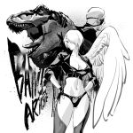  1girl 2boys angel_(kof) breasts dinosaur_costume english_text eyepatch highres king_of_dinosaurs large_breasts midriff multiple_boys navel one_eye_covered ramon_(kof) short_hair single_wing the_king_of_fighters wenwen white_hair wings 