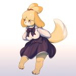  1:1 2020 animal_crossing anthro blonde_hair blush blush_stickers bow_tie breasts canid canine canis claws clothed clothing domestic_dog female fur hair hi_res isabelle_(animal_crossing) mammal nintendo shih_tzu simple_background smile solo toe_claws toy_dog video_games whooo-ya yellow_body yellow_fur yellow_tail 