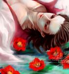  1boy artist_name brown_eyes brown_hair closed_mouth collarbone eyeshadow flower izou_(one_piece) kamuna8046z lipstick looking_at_viewer lying makeup male_focus medium_hair on_back one_piece open_clothes red_eyeshadow red_flower red_lips signature solo source_request upper_body 