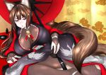  amagi_(azur_lane) animal_ears azur_lane bangs black_kimono blunt_bangs breasts brown_hair coat commentary_request fox_ears fox_girl fox_tail highres japanese_clothes jewelry kimono kitsune large_breasts long_hair lying multiple_tails on_side oriental_umbrella panties purple_eyes red_coat ring tail thick_eyebrows umbrella underwear wide_sleeves yamamoto_yuusuke_(hmkc3857) 