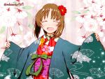  1girl bangs blue_jacket brown_hair closed_eyes commentary eyebrows_visible_through_hair facing_viewer floral_background floral_print flower girls_und_panzer hair_flower hair_ornament haori highres jacket japanese_clothes katsuragi_(webmaster909) kimono long_sleeves nishizumi_miho obi open_mouth outstretched_arms print_kimono red_flower red_kimono sash short_hair smile solo spread_arms standing striped striped_background twitter_username vertical_stripes wide_sleeves 