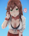  1girl absurdres bangs bikini black_bikini braid breasts brown_hair commentary_request green_eyes highres kantai_collection large_breasts long_hair looking_at_viewer noshiro_(kantai_collection) pleated_skirt rainysnowy108 red_skirt shirt short_sleeves skirt solo speech_bubble sweat swept_bangs swimsuit tied_shirt translation_request twin_braids upper_body white_shirt 
