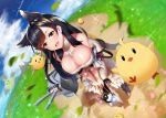  1girl alternate_costume animal_ears atago_(azur_lane) azur_lane bangs bare_shoulders black_hair blue_sky breasts cannon commentary_request day detached_collar dress full_body grass kagiyama_(gen&#039;ei_no_hasha) large_breasts long_hair looking_at_viewer manjuu_(azur_lane) off-shoulder_dress off_shoulder open_mouth outdoors path perspective road shiny shiny_skin sky swept_bangs white_dress yellow_eyes 