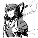  1girl drill_hair eyebrows_visible_through_hair greyscale hair_ornament hair_rings hair_stick hairpin index_finger_raised jitome kaku_seiga looking_at_viewer monochrome parted_lips puffy_short_sleeves puffy_sleeves ruukii_drift short_sleeves sketch solo touhou 