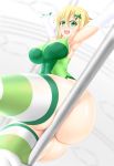  1girl akatsuki_kirika arms_up ass blonde_hair blush breasts elbow_gloves from_below gloves green_eyes green_leotard highres large_breasts leotard looking_at_viewer misumi_takasumi open_mouth senki_zesshou_symphogear shiny shiny_hair shiny_skin short_hair smile solo striped striped_legwear teeth thick_thighs thighhighs thighs 