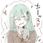  1girl aqua_hair bangs blush closed_eyes commentary_request crossed_bangs double_v eyebrows_visible_through_hair hair_between_eyes hair_ornament hairclip heart jacket kantai_collection long_hair long_sleeves open_mouth simple_background solo suzuya_(kantai_collection) twitter_username umino_mokuzu_(shizumisou) upper_body v white_background 