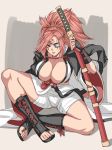  1girl baiken big_hair black_jacket black_kimono breasts cleavage eyepatch facial_tattoo greaves guilty_gear highres jacket jacket_on_shoulders japanese_clothes kataginu katana kimono large_breasts long_hair looking_at_viewer multicolored multicolored_clothes multicolored_kimono nyatokanyaru one-eyed open_clothes parted_lips pink_hair ponytail red_eyes samurai sandals sash scar scar_across_eye sitting solo sword tattoo weapon white_kimono 
