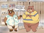  2020 animal_crossing anthro balls belly bottomwear brown_body brown_fur canid canine clothing detailed_background duo english_text eyes_closed fur genitals hi_res humanoid_genitalia humanoid_hands humanoid_penis male male/male mammal nintendo overweight overweight_male penis pocket-panduh raccoon_dog shirt shorts tanuki teddy_(animal_crossing) text thechubbyrodent tom_nook_(animal_crossing) topwear ursid video_games 