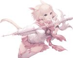  1girl animal_ears axe battle_axe black_eyes bow bow_legwear cat_ears cat_girl cat_tail final_fantasy final_fantasy_xiv flower holding holding_axe jewelry long_sleeves looking_at_viewer low_twintails miniskirt miqo&#039;te mmmegh parted_lips pink_bow pink_flower pink_hair pink_legwear pink_neckwear pink_sailor_collar pink_skirt pleated_skirt ring sailor_collar school_uniform serafuku short_hair short_twintails skirt skirt_lift solo sweater tail thighhighs twintails weapon white_background white_sweater wind wind_lift 