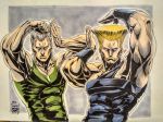  2boys abs armpits artist_logo bare_arms black_shirt blonde_hair clenched_hands closed_mouth crossover dated dog_tags earrings fingernails green_shirt grey_background grey_hair guile hands_up highres jean_pierre_polnareff jewelry jojo_no_kimyou_na_bouken jojo_pose looking_at_viewer male_focus manly marker_(medium) maya_panda multiple_boys muscle photo pose sanpaku shirt signature sleeveless sleeveless_shirt stardust_crusaders street_fighter street_fighter_ii_(series) traditional_media wristband 