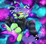  alien antennae_(anatomy) baggy_clothing bandage clothing collar crownedvictory fur galaxy green_body green_fur hair hi_res pawpads paws purple_hair space spiked_collar spikes sweater topwear worm_on_a_string yellow_eyes 
