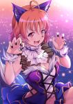  1girl ahoge animal_ears bangs black_nails blue_dress breasts claw_pose cleavage cleavage_cutout dress ear_piercing fang fur-trimmed_dress fur_cuffs fur_trim kanabun kemonomimi_mode looking_at_viewer love_live! love_live!_school_idol_festival_all_stars love_live!_sunshine!! nail_polish navel navel_cutout open_mouth orange_hair piercing red_eyes short_hair side_cutout smile solo tail takami_chika v-shaped_eyebrows wolf_ears wolf_tail 