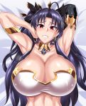  1girl :d ahoge alternate_body_size alternate_breast_size arms_behind_head black_gloves black_hair black_ribbon blush breasts cleavage crown earrings elbow_gloves fate/grand_order fate_(series) gloves hair_ribbon hand_on_hip highres huge_breasts ishtar_(fate)_(all) ishtar_(fate/grand_order) jet_(pw3234) jewelry long_hair looking_at_viewer lying navel on_back on_bed open_mouth red_eyes ribbon single_glove smile solo sweat teeth two_side_up 