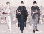  3boys black_hair blue_eyes branch calligraphy_brush cherry_blossoms cup green_eyes green_hair hair_over_one_eye haori hat highres japanese_clothes kasen_kanesada kimono male_focus mikazuki_munechika multiple_boys paintbrush petals purple_hair sandals smile suzuneko-rin tabi teacup teapot touken_ranbu tray uguisumaru 