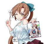  1girl akigumo_(kantai_collection) asashimo_(kantai_collection) asashimo_(kantai_collection)_(cosplay) blouse bokukawauso brown_hair casual cosplay dated green_eyes grin hair_ribbon highres index_finger_raised kantai_collection kazagumo_(kantai_collection) long_hair looking_at_viewer manga_(object) ponytail purple_skirt ribbon signature simple_background skirt smile solo tk8d32 white_background white_blouse 