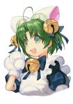  1girl :d ahoge apron bell black_dress blue_bow bow dejiko di_gi_charat dress gloves green_eyes green_hair hair_bell hair_bow hair_ornament hankuri jingle_bell looking_at_viewer maid_apron open_mouth paw_gloves paws puffy_short_sleeves puffy_sleeves short_hair short_sleeves simple_background smile solo white_apron white_background white_bow white_gloves 