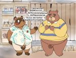  2020 animal_crossing anthro balls belly blush bottomwear brown_body brown_fur canid canine clothing detailed_background duo english_text eyes_closed fur genitals hi_res humanoid_genitalia humanoid_hands humanoid_penis male male/male mammal nintendo overweight overweight_male penis pocket-panduh raccoon_dog shirt shorts tanuki teddy_(animal_crossing) text thechubbyrodent tom_nook_(animal_crossing) topwear ursid video_games 