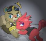  animal_crossing anthro bed blonde_hair blush bodily_fluids bottomless buckteeth c.j._(animal_crossing) caught clothed clothing drooling duo eyewear flick_(animal_crossing) furniture hair hat headgear headwear hi_res horn looking_at_viewer male male/male nintendo piercing red_body red_scales ruua saliva scales sunglasses surprise sweat teeth video_games 