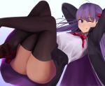  1girl arms_behind_head arms_up ass bangs bb_(fate)_(all) bb_(fate/extra_ccc) black_coat black_legwear blush breasts closed_mouth coat eko.art fate/extra fate/extra_ccc fate_(series) gloves hair_ribbon high-waist_skirt highres knees_up large_breasts leotard licking_lips long_hair long_sleeves looking_at_viewer neck_ribbon purple_eyes purple_hair red_ribbon ribbon skirt smile solo thighs tongue tongue_out very_long_hair white_gloves white_leotard 
