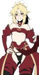  1girl absurdres blonde_hair blush breasts embarrassed fate_(series) green_eyes highres looking_at_viewer mordred_(fate) mordred_(fate)_(all) simple_background small_breasts solo takatun223 underwear white_background 