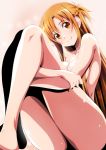  1girl airando asuna_(sao) barefoot breasts brown_eyes closed_mouth cover cover_page highres large_breasts long_hair looking_at_viewer nude orange_hair pink_background sitting smile solo sword_art_online 