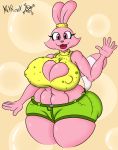  anthro big_breasts breasts cartoon_network chowder_(series) cleavage clothed clothing female fur hi_res lagomorph leporid looking_at_viewer mammal mrxrickyx nipple_outline open_mouth panini_(chowder) pink_body pink_eyes pink_fur rabbit smile solo standing teeth thick_thighs tight_clothing tongue wave wide_hips 