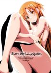  1girl airando asuna_(sao) breasts brown_eyes commentary_request cover cover_page doujin_cover highres large_breasts long_hair looking_at_viewer nude orange_hair simple_background sitting solo sword_art_online white_background 
