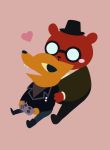  &lt;3 201 angus_delaney anthro bottomwear canid canine clothing duo fox gregg_lee hat headgear headwear hug hugging_from_behind kemono kinoshita-jiroh mammal night_in_the_woods pants shirt simple_background sitting slightly_chubby topwear ursid video_games 