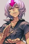  1boy clapping copyright_request directional_arrow glasses grey_background grey_shirt hankuri looking_at_viewer male_focus parted_lips popped_collar purple_hair red_eyes rimless_eyewear round_eyewear shirt short_sleeves simple_background smile solo upper_body 