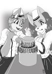  2018 anthro bakery bow braixen cake canid canine clothing duo fan_character female food fox furniture hat headgear headwear hi_res holding_object inner_ear_fluff male mammal monochrome nintendo open_mouth open_smile piping_bag pok&eacute;mon pok&eacute;mon_(species) reiser roflfox seraphine_(roflfox) shirt smile table tongue tongue_out topwear tuft video_games 