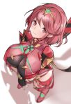  1girl blurry blurry_background breasts cleavage ewokakuman highres homura_(xenoblade_2) large_breasts looking_at_viewer looking_up red_eyes red_hair solo xenoblade_(series) xenoblade_2 