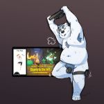  2020 anthro armpit_hair balls belly bodily_fluids body_hair english_text exercise flaccid genitals hi_res humanoid_genitalia humanoid_hands humanoid_penis izvy_(artist) male mammal navel nintendo nude overweight overweight_male penis polar_bear ring_fit_adventure simple_background solo sweat text ursid ursine video_games 