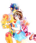  1girl :o a106 a107 atom:_the_beginning blue-framed_eyewear blue_dress brown_eyes brown_hair dress glasses holding_hands hug hug_from_behind looking_at_viewer ochanomizu_ran robot school_uniform shigeclo4 short_hair short_sleeves simple_background standing white_background 