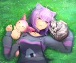  1girl ahoge animal animal_ear_fluff animal_ears black_choker black_hoodie breasts cat cat_ears choker closed_eyes collarbone commentary day eyebrows_visible_through_hair eyelashes fang grass hair_between_eyes highres holding holding_animal holding_cat hololive hood hoodie long_sleeves lying medium_breasts nekomata_okayu on_back onigiri_print outdoors ozakiyo parted_lips pokemon purple_eyes purple_hair short_hair skitty sleeping sleeves_past_wrists smile upper_body virtual_youtuber 