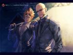  2boys arm_on_shoulder bald baton beard black_neckwear blurry blurry_background facial_hair final_fantasy final_fantasy_vii final_fantasy_vii_remake fingerless_gloves formal gloves goggles goggles_on_head looking_at_viewer multiple_boys necktie open_collar red_hair reno rude smile suit sunglasses turks yuzukarin 