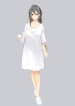  1girl ahoge alternate_costume black_hair brown_eyes cup full_body grey_background hair_between_eyes hair_ornament hairclip haruna_(kantai_collection) highres holding holding_cup kantai_collection kyougoku_touya long_hair messy_hair shirt simple_background slippers solo white_footwear white_shirt 