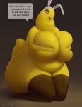  2020 alternate_version_at_source anthro anthrofied avian belly big_breasts bird blush breasts covering covering_breasts curvy_figure english_text fake_ears fake_rabbit_ears female food food_creature hi_res huge_breasts huge_hips looking_at_viewer mostly_nude overweight overweight_female peeps signature solo taranima text thick_thighs voluptuous yellow_body yellow_tail 