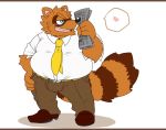  &lt;3 2020 anthro blue_eyes bottomwear brown_body brown_fur bulge canid canine clawlion clothing fur humanoid_hands kemono male mammal necktie newspaper overweight overweight_male pants raccoon_dog sengoku_puzzle shadow_ieyasu shirt simple_background solo tanuki topwear video_games white_background 