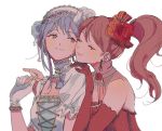  2girls alternate_hairstyle bang_dream! blue_flower blue_rose bow brown_eyes brown_hair closed_eyes commentary_request cross-laced_clothes detached_collar earrings elbow_gloves flower gloves hair_bow hair_flower hair_ornament hair_up hairband hand_on_another&#039;s_shoulder holding_hands imai_lisa jewelry korean_commentary lace-trimmed_hairband looking_at_another minato_yukina multiple_girls necklace orange_flower orange_rose pearl_necklace red_flower red_gloves red_rose res2shuu rose short_sleeves side_ponytail silver_hair simple_background single_elbow_glove single_sidelock smile striped striped_bow u_u upper_body white_background white_flower white_gloves white_hairband white_rose yuri 