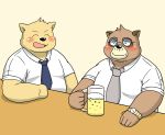 2020 alcohol anthro beer beverage black_nose bullbluedog canid canine clothing drunk duo eyes_closed eyewear glasses hi_res humanoid_hands kemono male mammal necktie overweight overweight_male raccoon_dog shirt sitting substance_intoxication tanuki topwear 